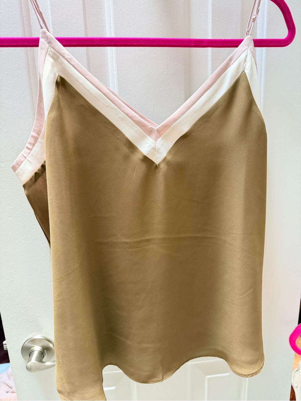 Silky V-Neck Camisole Tank Top in Olive with Pink Trim